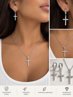 Silver Cross Pendant Necklace and Hoop Drop Earrings Set - Dainty CZ Accents